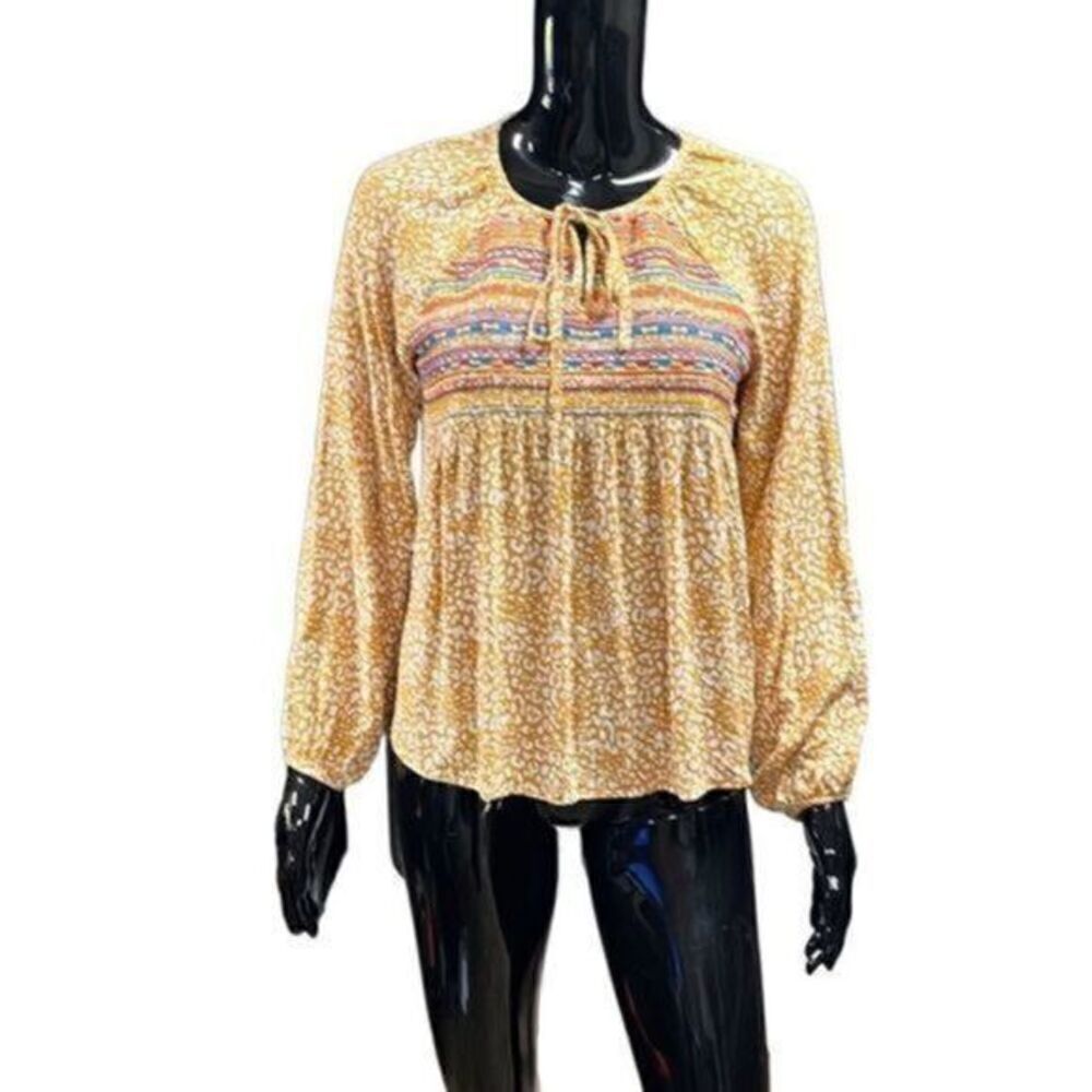 Savannah Jane cream & brown printed boho blouse size small